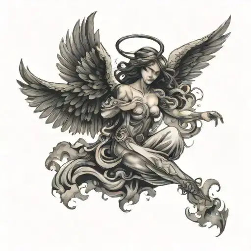 A dark angel with wings made of swirling smoke tattoo design idea