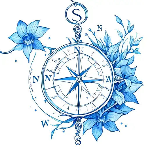Compass, Aquarius constellation, blue orchids, moon tattoo design idea