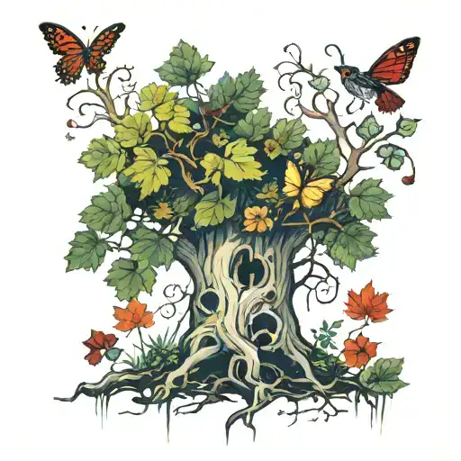 A sugar maple with 8 branches and 2 roots, with red clovers at the base of the tree and a hermit thrush in the tree tattoo design idea