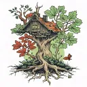 A sugar maple with 8 branches and 2 roots, with red clovers at the base of the tree and a hermit thrush in the tree tattoo design idea