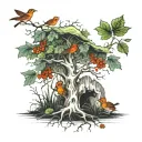 A sugar maple with 8 branches and 2 roots, with red clovers at the base of the tree and a hermit thrush in the tree tattoo design idea
