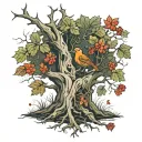 A sugar maple with 8 branches and 2 roots, with red clovers at the base of the tree and a hermit thrush in the tree tattoo design idea