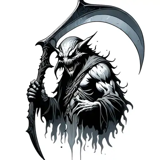 monster holding scythe tattoo design idea