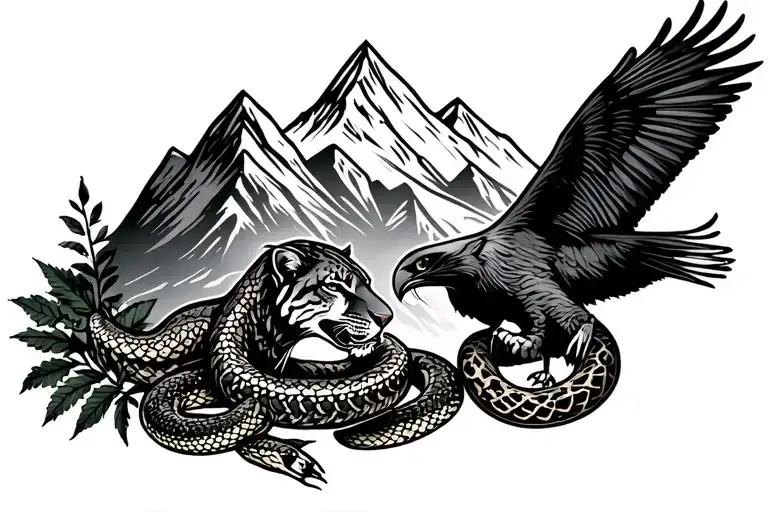 mountain outline as a band with a cougar, snake, and condor as well as coca leaves tattoo design idea