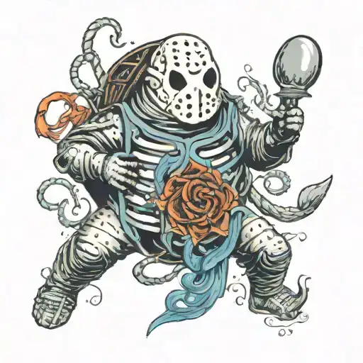 Tattoo sketch: Jason Voorhees, a tardigrade and the jellyfish turritopsis dohrnii lead a round dance tattoo design idea