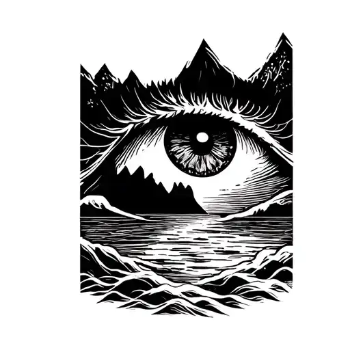 Blackwork tattoo design of a masculine stylized eye, with the iris replaced by a detailed horizon with sea and mountains tattoo design idea