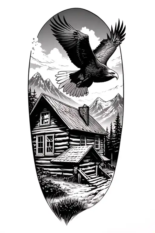 log cabin up on a mountain with a bald eagle soaring in the sky with a acoustic guitar tattoo design idea