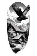 log cabin up on a mountain with a bald eagle soaring in the sky with a acoustic guitar tattoo design idea