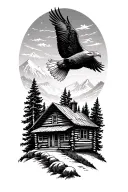 log cabin up on a mountain with a bald eagle soaring in the sky with a acoustic guitar tattoo design idea