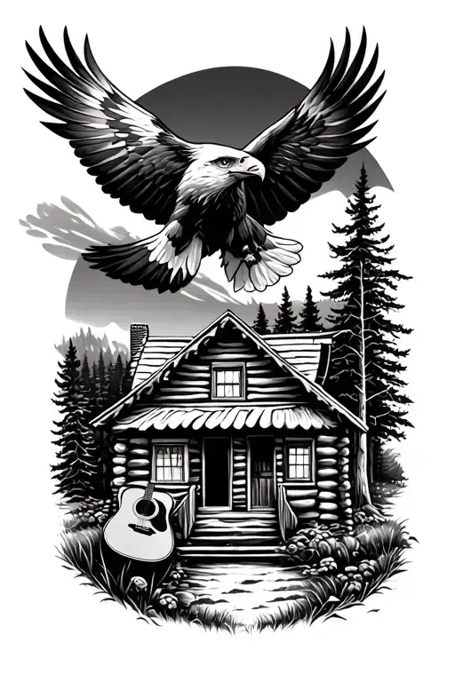 Log Cabin With An Acoustic Guitar In Front And An Eagle Flying Above. Nature Scene Tattoo tattoo design idea