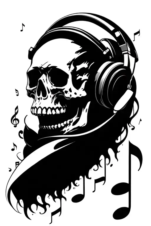 skull wearing headphones surrounded by musical notes tattoo design idea