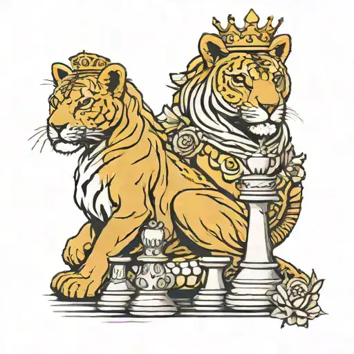 queen chess piece and lioness protecting her cubs tattoo design idea