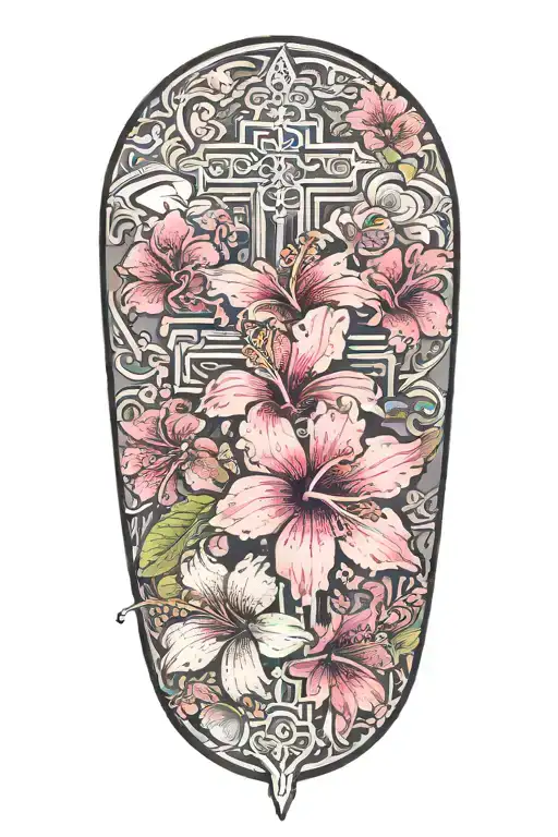 wrist to elbow sleeve with hibiscus flowers and lots of cherry blossoms with a cut out cross in the middle tattoo design idea