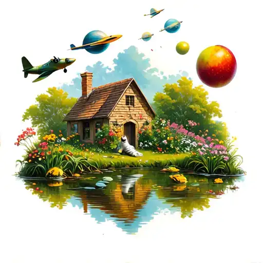 a cottage with a cat and flowers outside along with a pond with frogs while spitfires fly above with fruit like planets  tattoo design idea