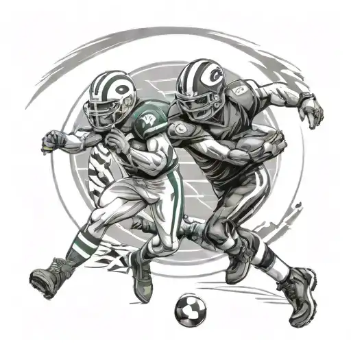 A football field transformed into a gaming arena, with players wearing packer uniforms and competing against each other, blending your interests seamlessly tattoo design idea