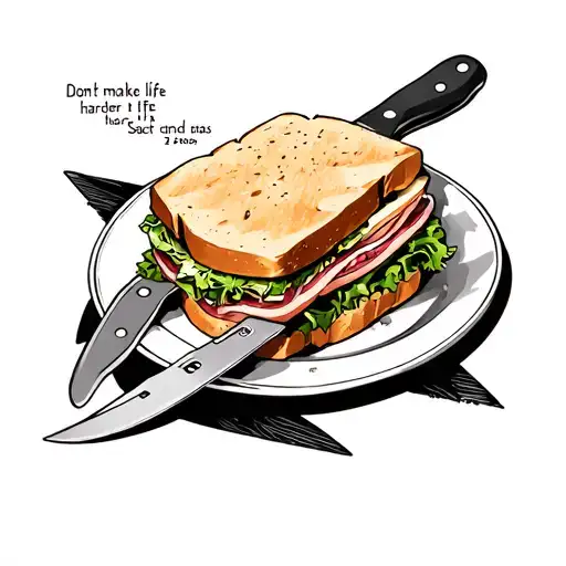 sandwhich on plate. 2 butterknifes have date september 25th 2024 on it with quote "dont make life harder than it has to  tattoo design idea