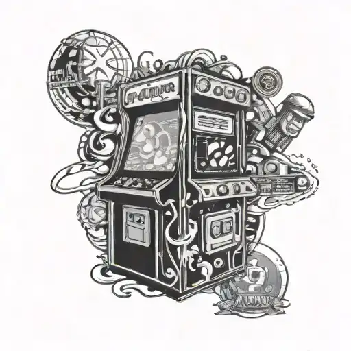 An intricate black and grey tattoo of a vintage arcade machine with pop culture icons like superheroes and movie characters on the screen tattoo design idea
