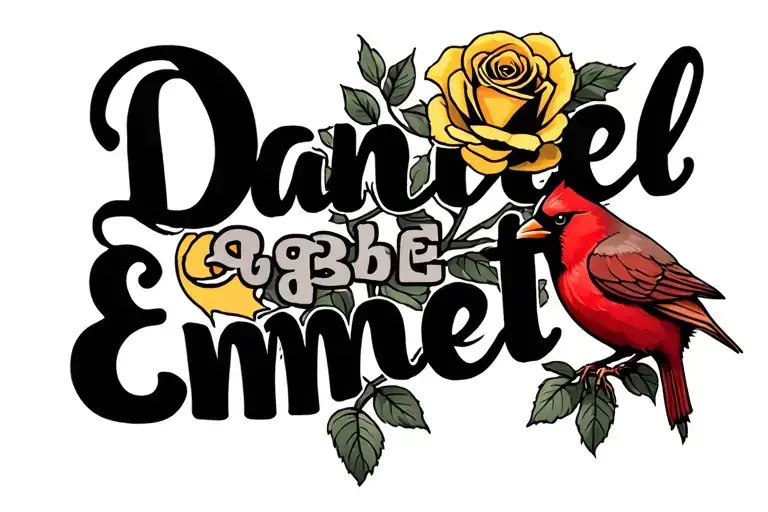 "Daniel Emmett Gabe" red bird cardinal and yellow rose tattoo design idea