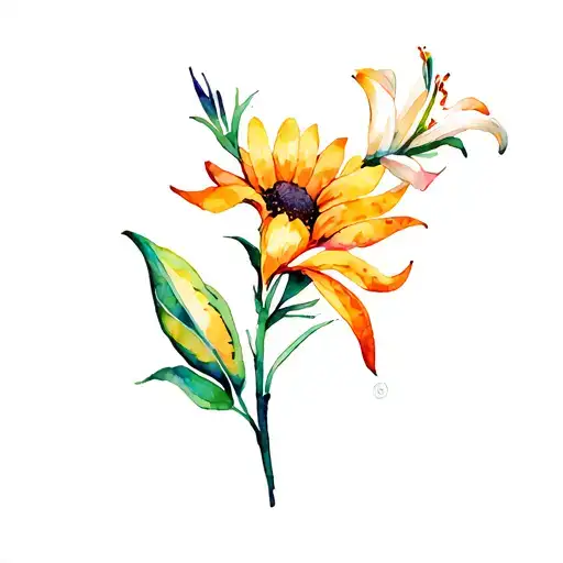 sunflower with a mexican bird of paradise flower and a mango calle lily tattoo design idea