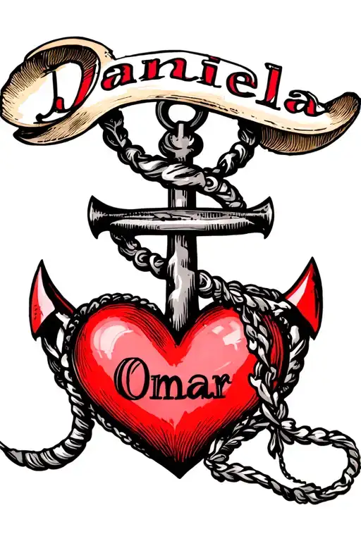 anchor with the name Daniela on top of a heart with the name Omar tattoo design idea