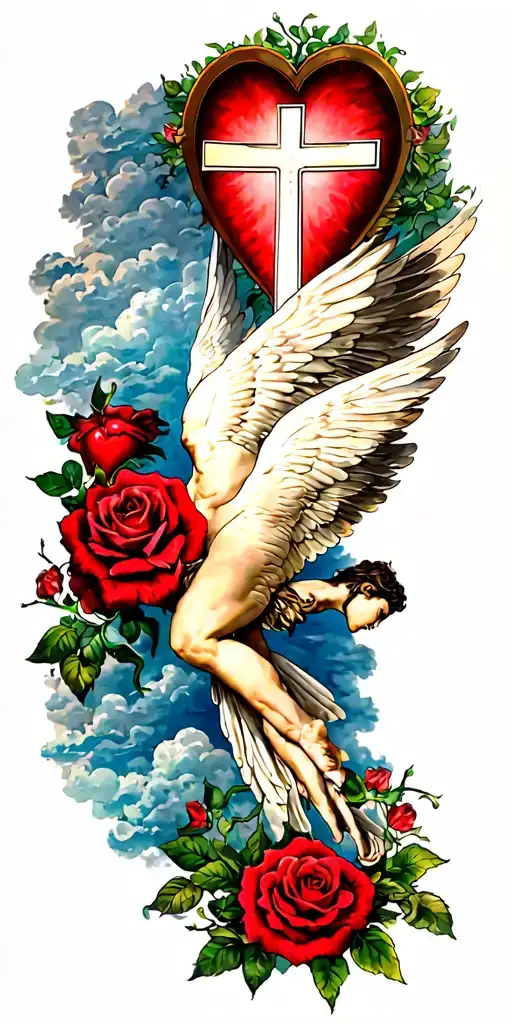 icarus flying with a a red heart and clouds and a cross with lightly red colored roses throughout tattoo design idea