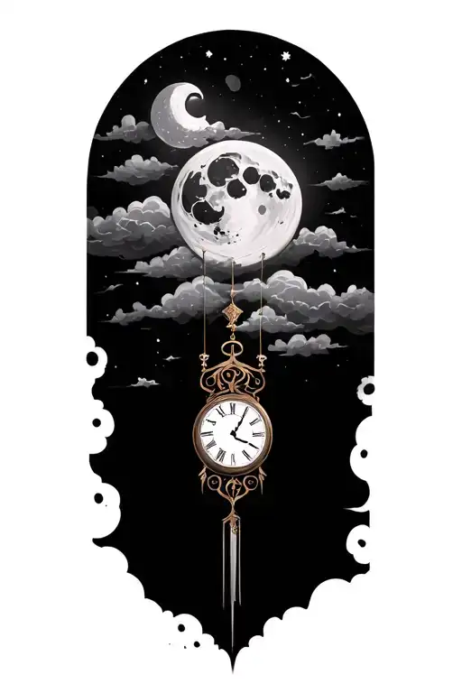 moon clouds and clock face tattoo design idea