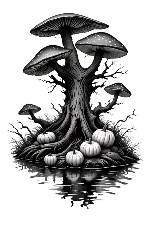 A grim realistic forest with mushrooms and pumpkins with a small stream in the middle. tattoo design idea