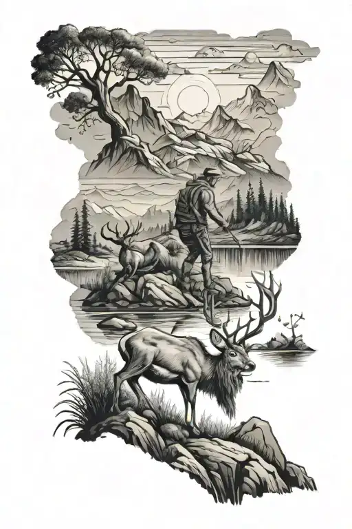 a deer and a fisherman in mountains panorama capturing tattoo design idea