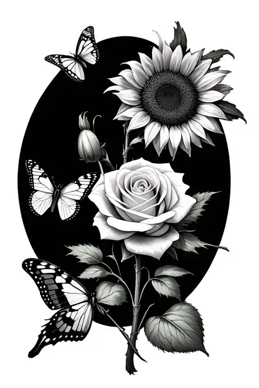 one bluebell flower, one white rose, one sunflower, three butterflies tattoo design idea