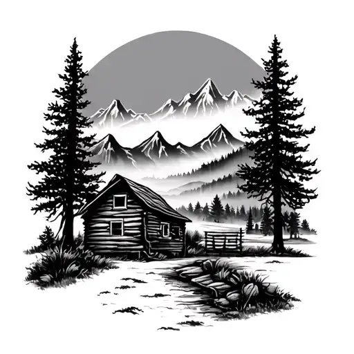 A black and gray tattoo of a bluegrass scene with mountains, trees, and a foggy atmosphere. There's an old wooden shack  tattoo design idea