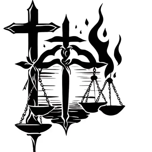 A combination of a cross, a small flame, a sunset, and justice tattoo design idea