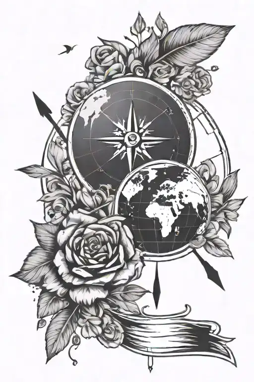 earth on top, compass in the middle and an arrow without flowers and leaves pierces the bottom tattoo design idea