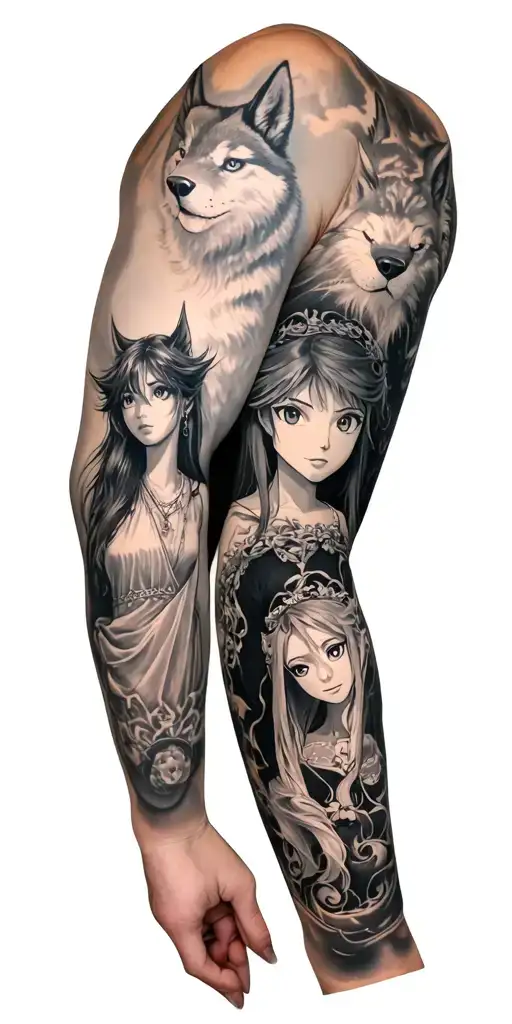 full arm sleeve featuring studio ghibli characters from princess mononoke, howls moving castle, and spirited away tattoo design idea