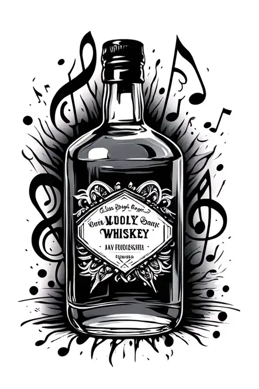 whiskey bottle and music notes incorporated tattoo design idea