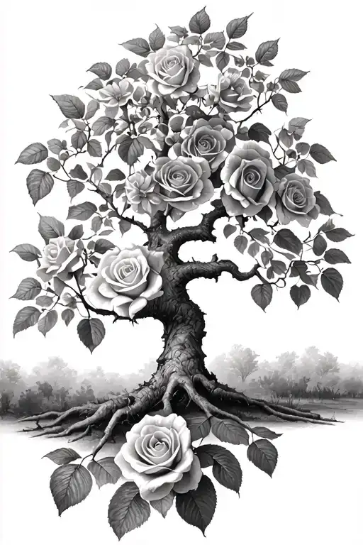 Rowan tree with roses blooming below no color tattoo design idea