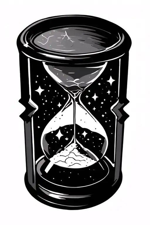 minimalist hourglass on its side, cracked, spilling stars instead of sand tattoo design idea