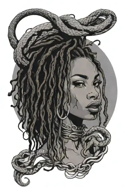 black girl with dreads and stiletto nails holding a vicious snake  tattoo design idea