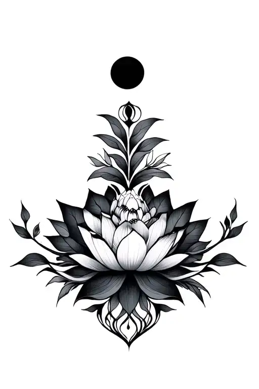 geometric vines below blooming lotus with crescent moon above tattoo design idea