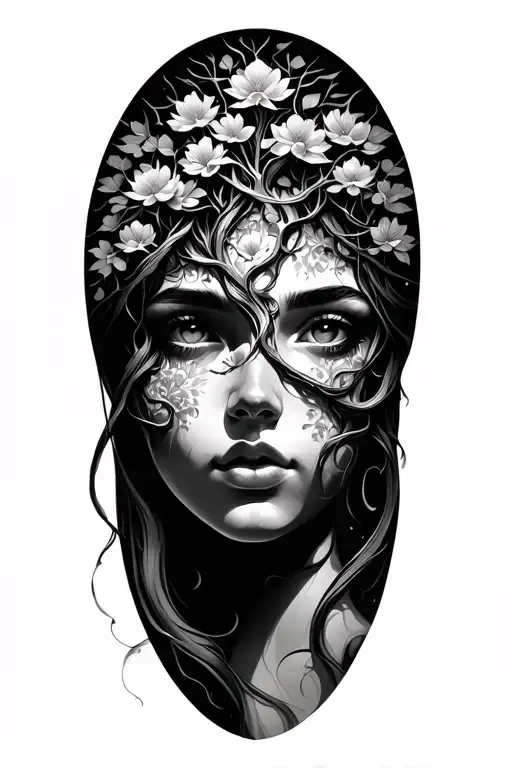 tree of life and face woman profile tattoo design idea