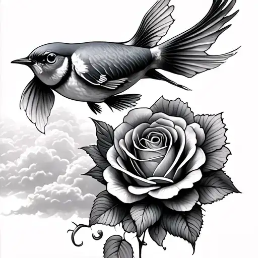 robin bird flying in the clouds above a detailed guppy fish with a rose as its tail tattoo design idea