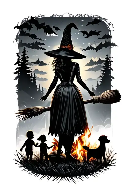 silhouette of busty sexy witch bride on broomstick over a campsite with a trailer and campfire with children & dog tattoo design idea