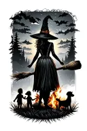 silhouette of busty sexy witch bride on broomstick over a campsite with a trailer and campfire with children & dog tattoo design idea