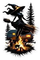 silhouette of busty sexy witch bride on broomstick over a campsite with a trailer and campfire with children & dog tattoo design idea