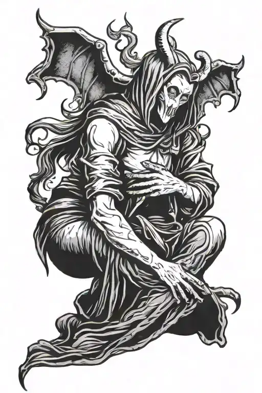 Need a black and white tattoo all over my sleeve. The devil is holding a nun by the throat. She is kneeling in prayer and crying. tattoo design idea