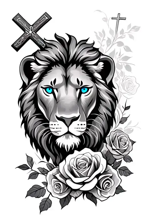 lion with blue eyes and roses with holy cross tattoo design idea