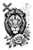 lion with blue eyes and roses with holy cross tattoo design idea