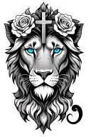lion with blue eyes and roses with holy cross tattoo design idea