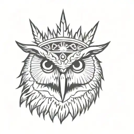 Occultist style tattoo of an owl's face, void eyes, an evil jagged thorny crown floats above its head, Esoteric symbols tattoo design idea