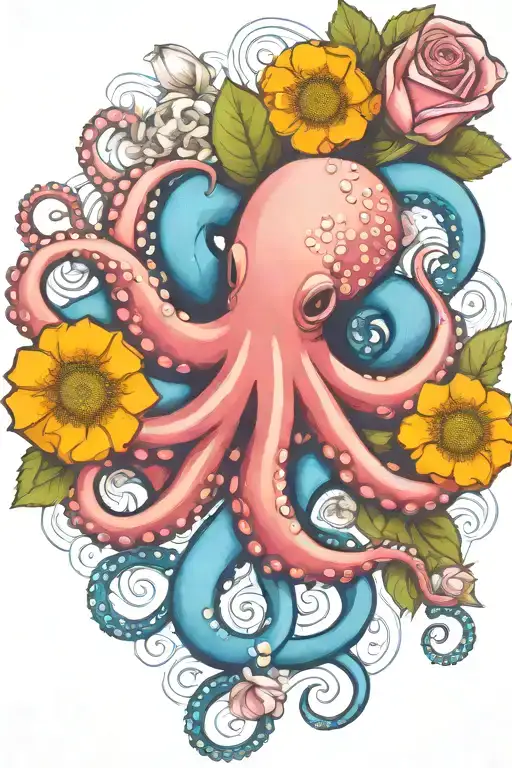 octopus, white flower  snowdrop, rose,  marigold flower tattoo design idea