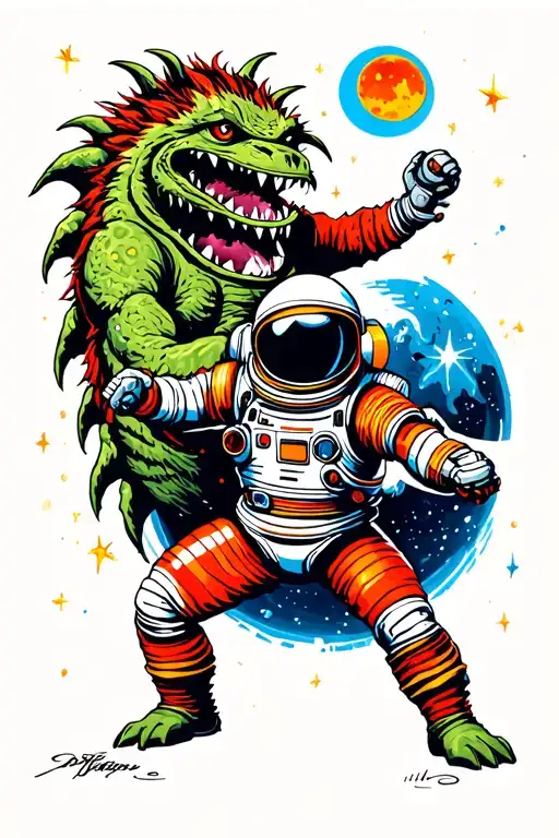spaceman fighting cosmic monster tattoo design idea